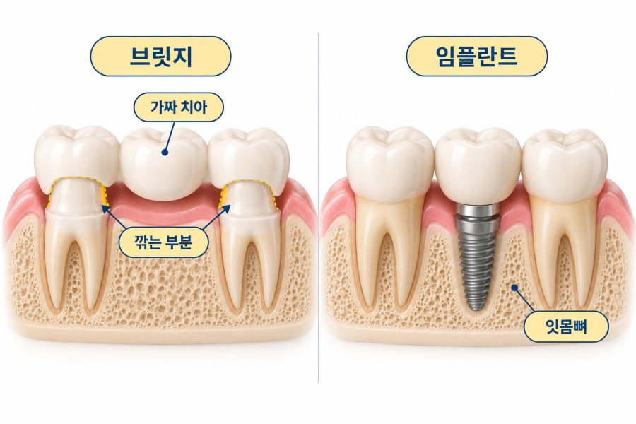 브릿지와 임플란트 구조 비교