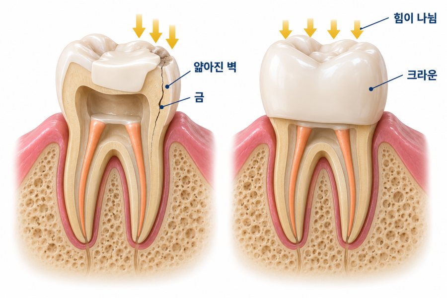 신경치료후 치아벽과 크라운
